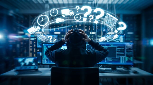 Confused IT specialist in dark server room showcasing glowing delivery truck icons, urgency clocks and glowing question marks, representing supply chain stress and logistics disruption