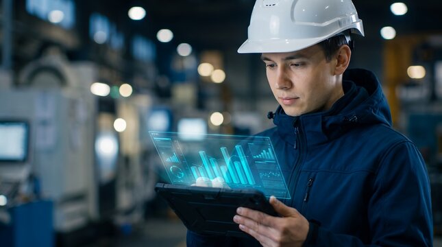 Modern industrial engineer in safety hardhat showcasing holographic data dashboard, digital analytics tablet and smart factory interface, representing automation and digital manufacturing