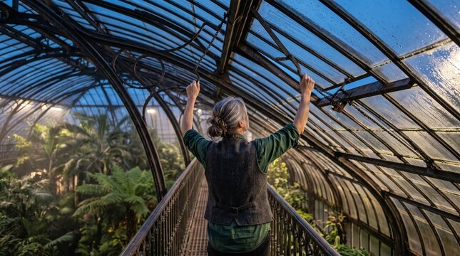 Glasshouse steward manages tropical climate at dusk