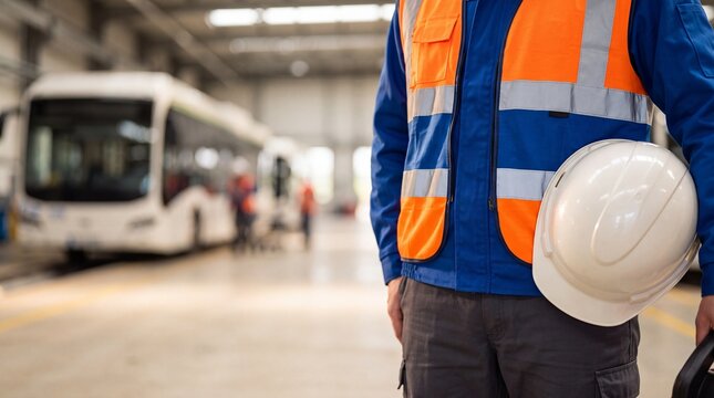 Transportation maintenance worker holding safety helmet inside large bus depot facility professional technical staff