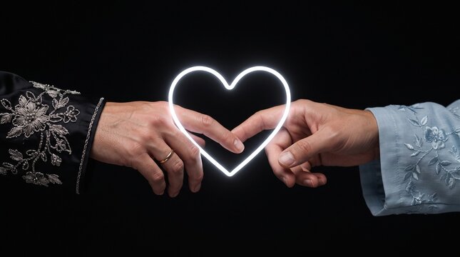 Glowing neon heart between touching fingers, romantic connection concept with hands, luminous love symbol on black background