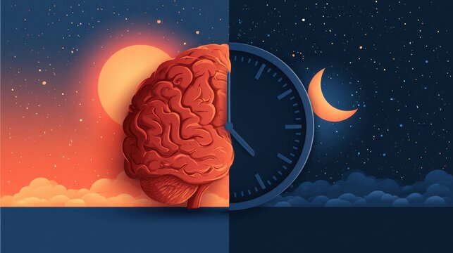 Human brain divided between day and night illustrating circadian rhythm biological clock concept with sun and moon background showing time and brain activity contrast