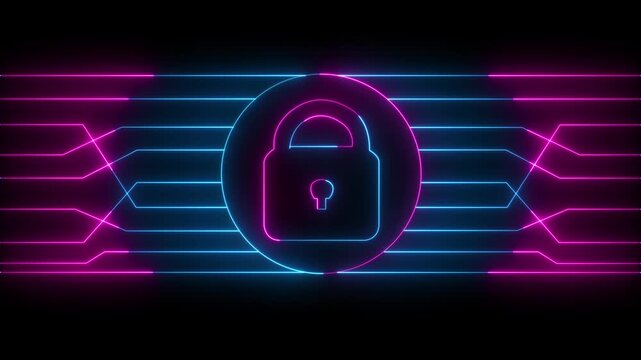 Blue and Pink Neon Padlock and Circuitry Graphics on Dark Background glow. High-tech glowing green padlock with circuit graphics, showcasing secure systems and cyber protection.4k animation video