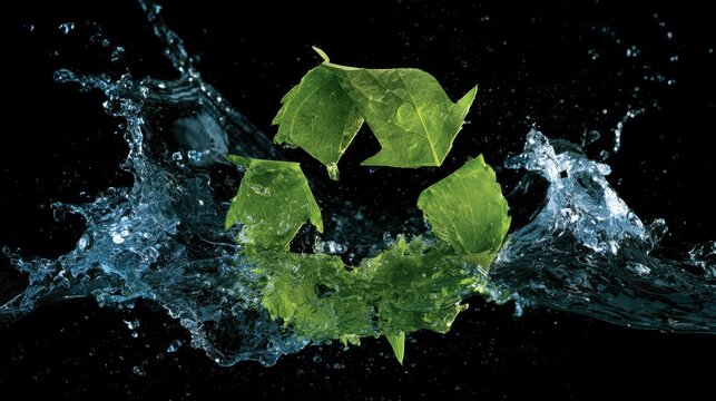 Green leaves arranged in a recycling symbol splashing into clear water with black background representing environmental sustainability and nature conservation concepts