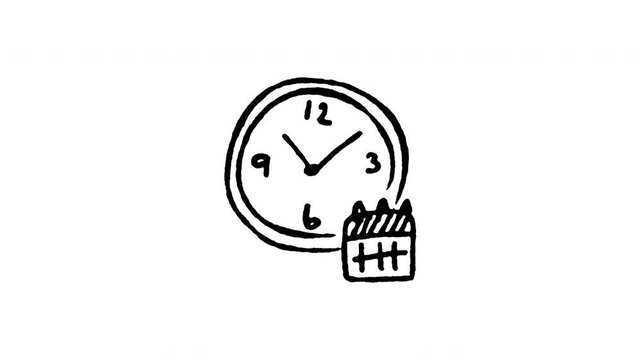 4K hand drawn calendar schedule clock pop-up icon featuring boiling line animation. Frame by frame line art on black and green screen backgrounds for appointment planning, date tracking, event agenda.