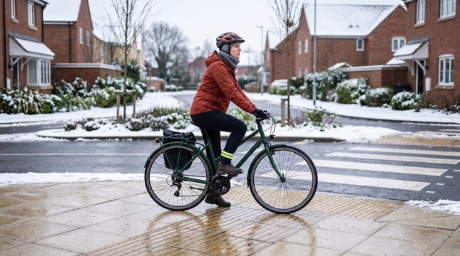 Cyclist pauses at a protected winter crossing