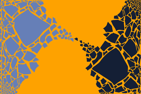A background featuring an abstract mosaic pattern; the visuals consist of blue and black ceramic tile fragments separated by orange lines, creating a cracked texture.