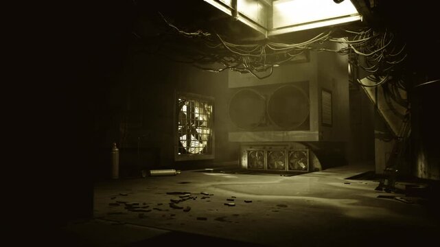 Dusty control room with broken window and scattered debris, warm backlight through grime, broken panels and floor rubble, melancholic ruin and abandoned tech