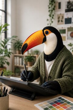 Surreal Toucan Character Working as Graphic Designer in Home Office