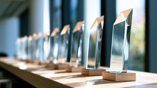 Row of modern transparent glass trophies with wooden base displayed on shelf near large windows in bright office environment