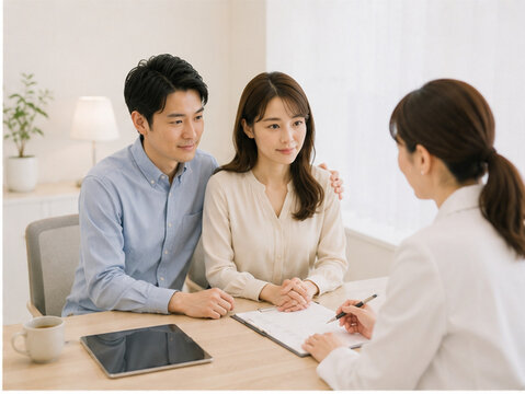 不妊治療,妊活,生殖医療,生殖補助医療,体外受精,顕微授精,人工授精,胚移植,採卵,採精,受精卵,胚培養,培養士,卵子,精子,排卵,ホルモン治療,排卵誘発剤,婦人科,産婦人科,不妊クリニック,医師,看護師,患者,カウンセリング,診察,日本人女性,日本人男性,夫婦,妊娠希望,家族計画,基礎体温,妊活アプリ,通院,検査,超音波検査,採血,ストレス,悩み,希望,安心,ライフプラン,ヘルスケア,健康,待合