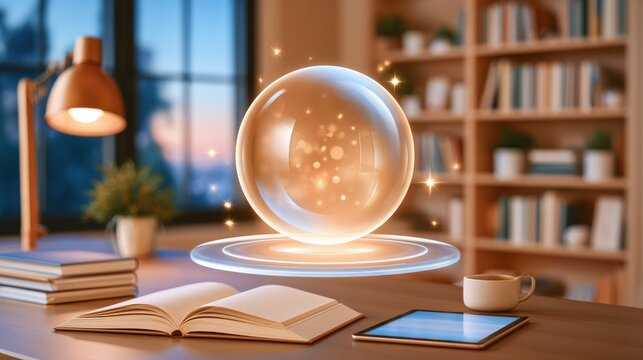 Glowing translucent sphere floating above desk with books tablet and lamp in soft ambient light