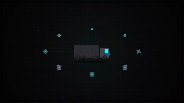 Minimalist digital vector illustration of a modern semi truck tracking system interface design on dark background