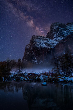 Valley of Yosemite  with Milky Way galaxy at Yosemite National Park, California USA