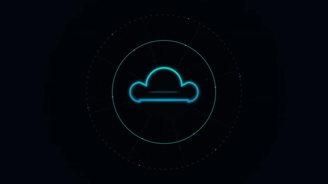 Abstract digital cloud technology icon with glowing neon effect on dark background