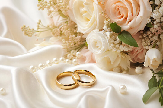 anillos sobre raso con perlas y flores
