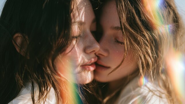Intimate close-up of two young women with wet hair touching faces softly near natural rainbow light reflection creating serene and tender emotional mood in natural setting