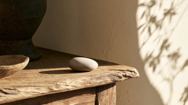 Worn wooden cabinet edge with smooth river stone, calm and accessible workspace concept
