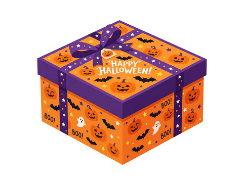 Vibrantly decorated Halloween gift box in orange and purple, adorned with playful pumpkins, cheerful ghosts, and 'Happy Halloween!' text, ideal for a spooky season celebration or surprise