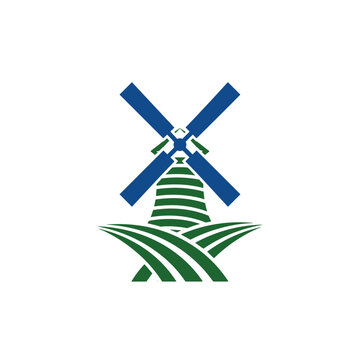 Modern minimalist windmill logo icon on green landscape