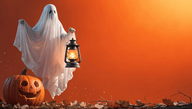 Halloween background, floating ghost with glowing lantern and carved pumpkin on orange copy space