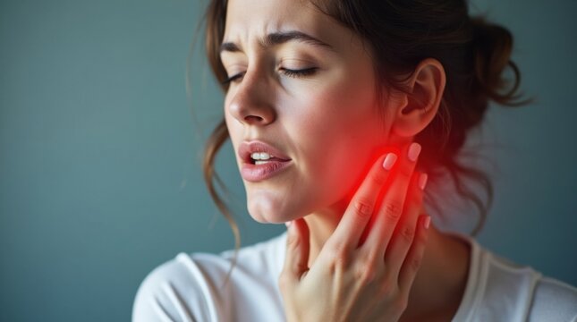 Mujer que se sujeta la garganta mientras presenta s&iacute;ntomas de dolor de garganta; zona de la garganta resaltada en rojo; concepto de enfermedad respiratoria