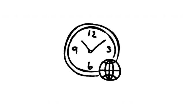 4K hand drawn global time world clock pop-up icon featuring boiling line animation. Frame by frame line art on black and green screen backgrounds for timezone globe, international time, planet watch.