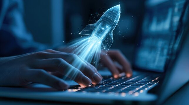 Digital illustration of a glowing blue futuristic rocket launching from a laptop keyboard symbolizing technology innovation startup and digital business growth concept