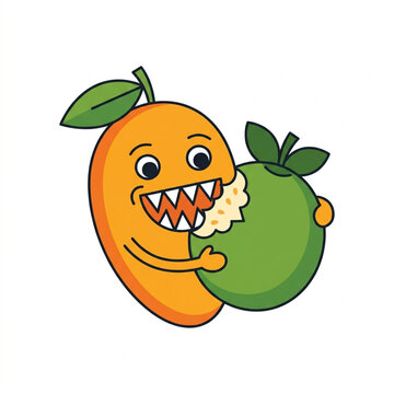 Cartoon mango biting a guava. Funny fruit character illustration for healthy food design.