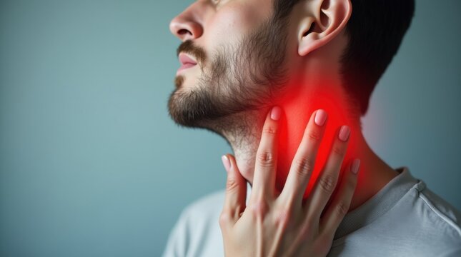 Hombre Joven toc&aacute;ndose el cuello y tragando con dificultad; marca m&eacute;dica roja sobre la garganta