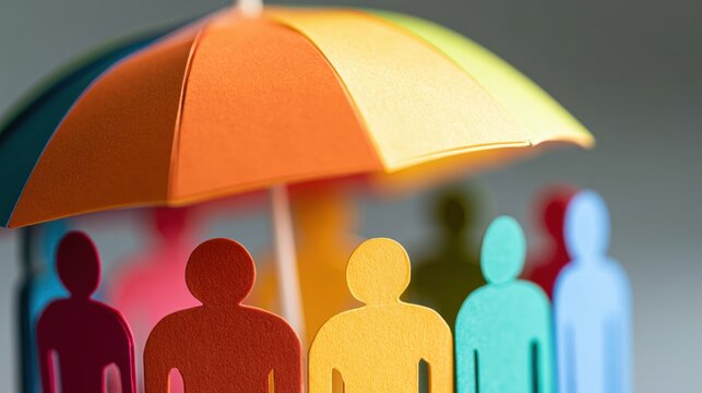 Colorful paper cutout human figures standing under large vibrant orange and yellow umbrella symbolizing protection and support in abstract composition