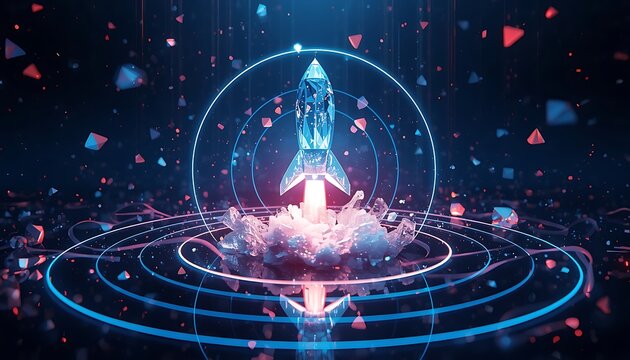 Crystalline rocket blasting off from circular neon podium in space.