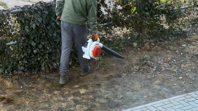 A worker using a leaf blower to clear debris near a green garden fence, demonstrating efficient outdoor property maintenance and lawn care service for a clean residential landscape