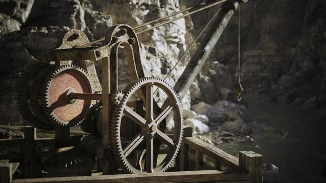 Rusted gears and mechanical hoist inside rocky shaft, heavy metal cogs and cable pulleys coated in dust and corrosion, gritty industrial mood with dramatic