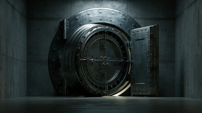 A massive heavy metal bank vault door stands open in a dark room. Represents high security, wealth protection, and.