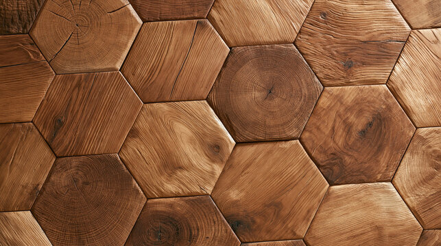 A hexagonal wooden wall panel made of rustic oak blocks. This natural texture is perfect for eco-friendly modern.