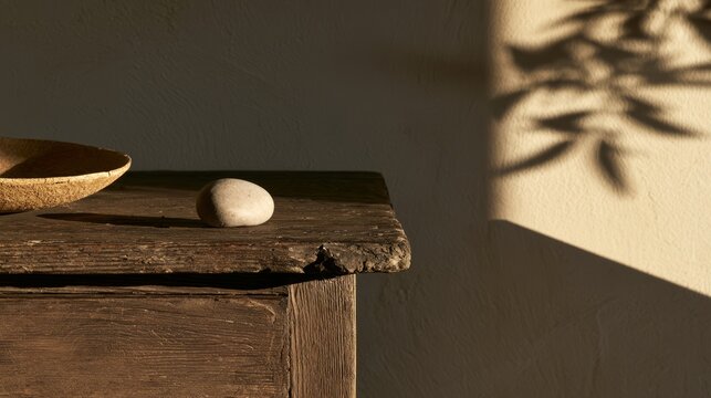 Worn wooden cabinet edge with smooth river stone, calm and accessible workspace concept
