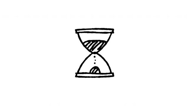 4K hand drawn hourglass timer pop-up icon featuring boiling line animation. Frame by frame line art on black and green screen backgrounds for sand glass, vintage countdown, time passing flow.
