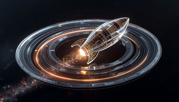Futuristic rocket launching from metal ring podium in dark outer space.