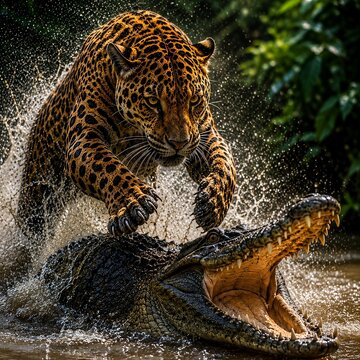 Jaguar Attacking Crocodile in River &ndash; Dramatic Wildlife Action