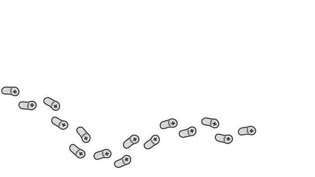 Childrens shoe footprint animation. Leaving shoes prints on the floor from left to right. Walk loop animation, graphic motion. Baby steps footage video on white background. 4K. Animated Video