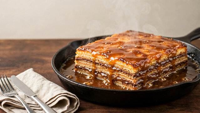 Steaming layered opera cake resting in a bubbling iron skillet