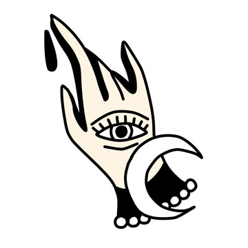 Mystic hand with eye and moon vector icon.