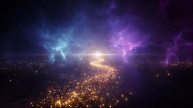 Golden magic sparkle trail glowing brighter in mystical purple