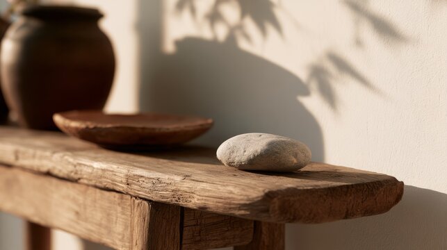 Worn wooden cabinet edge with smooth river stone, calm and accessible workspace concept
