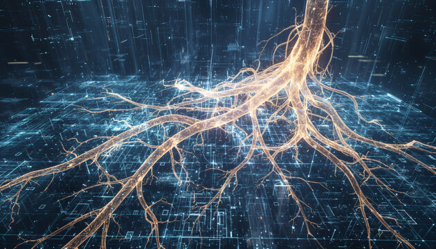 Glowing neural roots intertwining with digital data grid