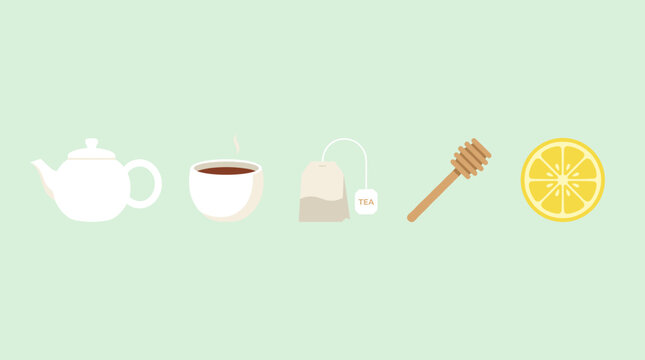 Herbal Tea Brewing Time Vector Set Featuring Teapot Tea Bag Honey Dipper and Fresh Lemon Slice