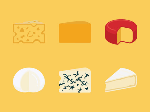 Variety of Gourmet Cheese Slices and Blocks Flat Vector Illustration Set for Culinary Design