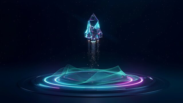 Crystal rocket lifting off from futuristic platform with light particles.