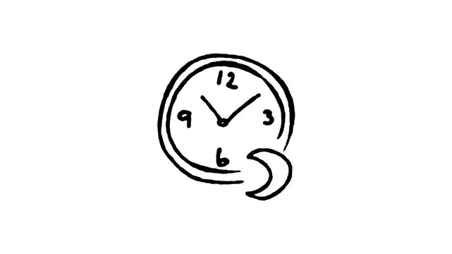 4K hand drawn nighttime moon clock pop-up icon featuring boiling line animation. Frame by frame line art on black and green screen backgrounds for pm hours, sleep time, bed schedule.